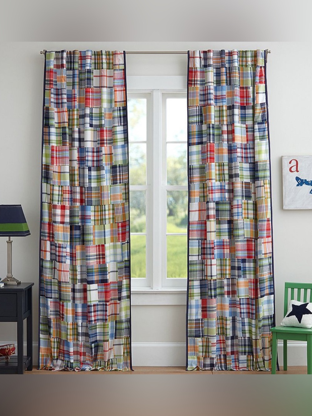 Pair POTTERY BARN KIDS MADRAS Plaid Patchwork Cotten Blackout CURTAINS 44x84 (2)